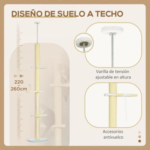 Árbol para Gatos de Suelo a Techo con Altura Ajustable Poste de Sisal y Bola para Jugar 47x34x220-260 cm Crema [2]
