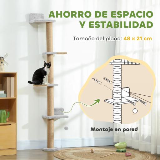 Árbol para Gatos de Pared de 5 Niveles Rascador para Gatos Estrecho con Bola y Rascadores 48x21x180 cm Gris Claro [4]