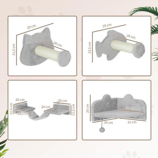 Juego de Pared de Escalada para Gatos con Postes de Sisal Plataforma Doble con Escalera y 1 Plataforma para Saltar Gris [4]