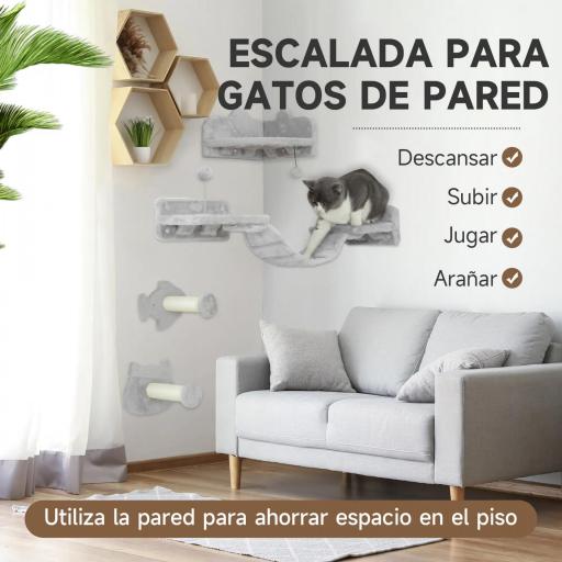 Juego de Pared de Escalada para Gatos con Postes de Sisal Plataforma Doble con Escalera y 1 Plataforma para Saltar Gris [5]