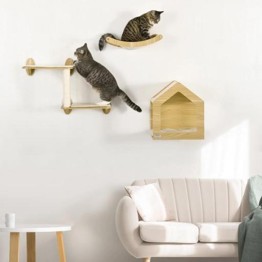 Juego de Escalada para Gatos de 3 Piezas Set de Pared con Estantes Cama Hamaca y Poste de Sisal Color Roble