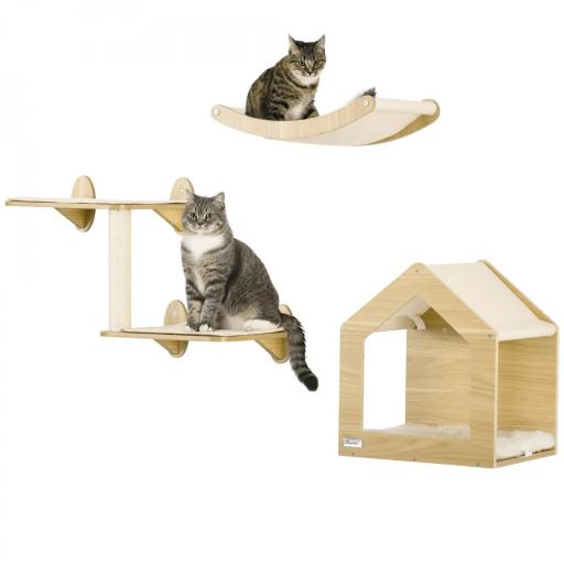 Juego de Escalada para Gatos de 3 Piezas Set de Pared con Estantes Cama Hamaca y Poste de Sisal Color Roble [9]
