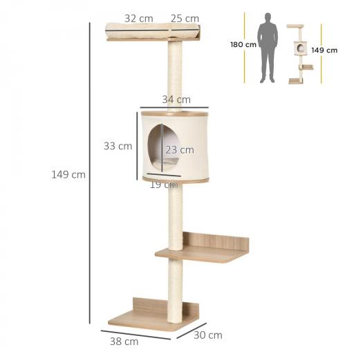 Árbol para Gatos de Pared 38x30x149 cm con Múltiples Plataformas de Madera Cueva Cama Superior Cojín Extraíble Postes Rascadores de Sisal Torre para Escalar Beige y Roble [1]