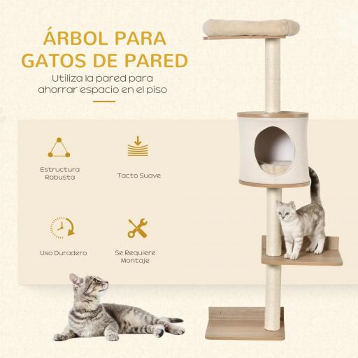 Árbol para Gatos de Pared 38x30x149 cm con Múltiples Plataformas de Madera Cueva Cama Superior Cojín Extraíble Postes Rascadores de Sisal Torre para Escalar Beige y Roble [2]