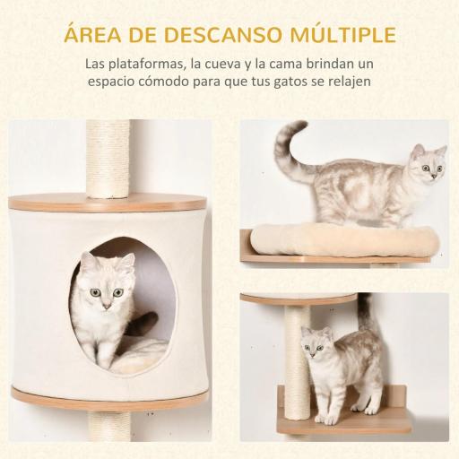 Árbol para Gatos de Pared 38x30x149 cm con Múltiples Plataformas de Madera Cueva Cama Superior Cojín Extraíble Postes Rascadores de Sisal Torre para Escalar Beige y Roble [4]