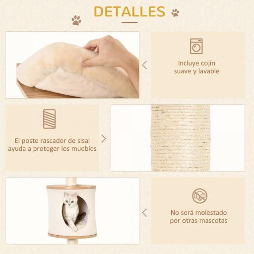 Árbol para Gatos de Pared 38x30x149 cm con Múltiples Plataformas de Madera Cueva Cama Superior Cojín Extraíble Postes Rascadores de Sisal Torre para Escalar Beige y Roble [3]