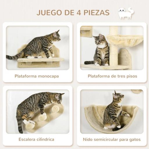 Juego de Escalada para Gatos de Pared Estantes para Gatos 4 Piezas Hamaca Nido Plataformas para Saltar Beige [3]