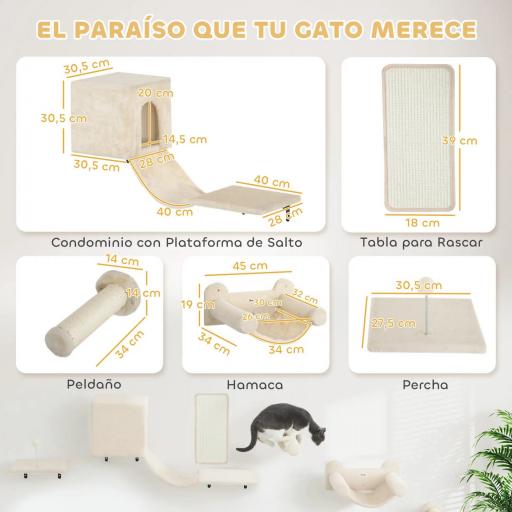 Juego de Escalada para Gatos de Pared de 6 Piezas con Condominio Plataforma Hamaca Escaleras y Tabla de Rascar Beige [1]