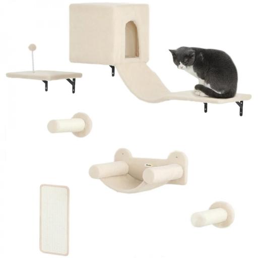 Juego de Escalada para Gatos de Pared de 6 Piezas con Condominio Plataforma Hamaca Escaleras y Tabla de Rascar Beige [8]