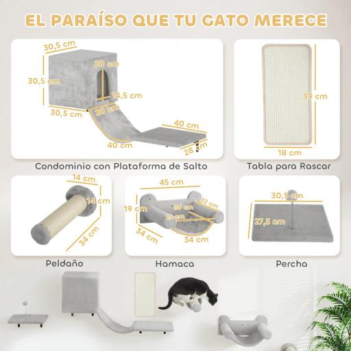 Juego de Escalada para Gatos de Pared de 6 Piezas con Condominio Plataforma Hamaca Escaleras y Tabla de Rascar Gris [1]