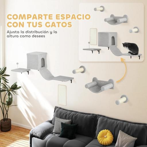 Juego de Escalada para Gatos de Pared de 6 Piezas con Condominio Plataforma Hamaca Escaleras y Tabla de Rascar Gris [3]