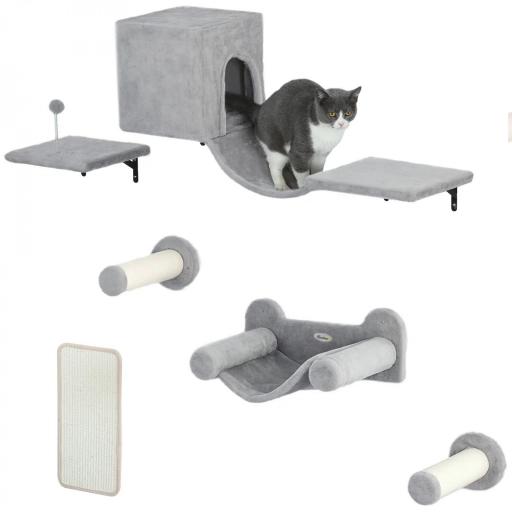 Juego de Escalada para Gatos de Pared de 6 Piezas con Condominio Plataforma Hamaca Escaleras y Tabla de Rascar Gris [10]