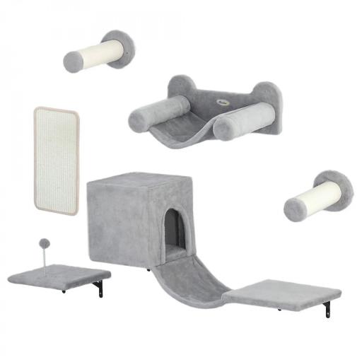 Juego de Escalada para Gatos de Pared de 6 Piezas con Condominio Plataforma Hamaca Escaleras y Tabla de Rascar Gris [9]