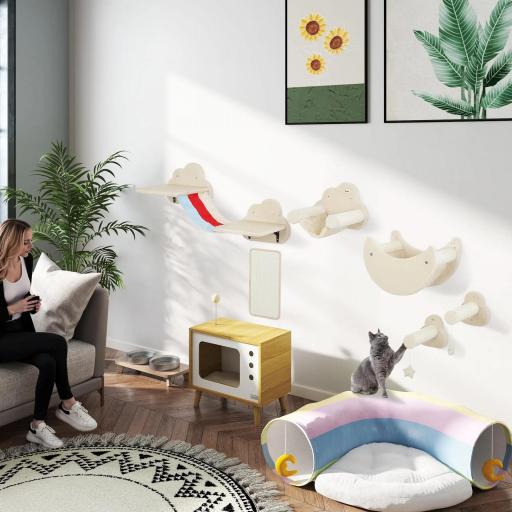 Juego de Escalada para Gatos de Pared de 6 Piezas con Hamacas Plataformas Tabla Rascador Escaleras y Estrellas Beige