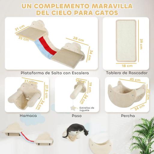 Juego de Escalada para Gatos de Pared de 6 Piezas con Hamacas Plataformas Tabla Rascador Escaleras y Estrellas Beige [4]