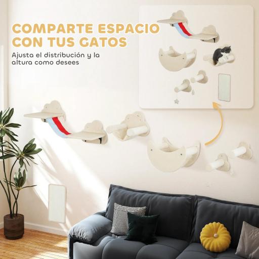 Juego de Escalada para Gatos de Pared de 6 Piezas con Hamacas Plataformas Tabla Rascador Escaleras y Estrellas Beige [5]