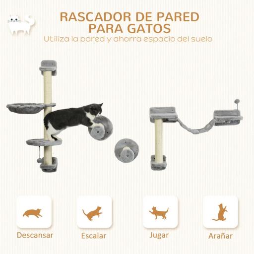 Juego de Escalada para Gatos de Pared 4 Piezas con Hamaca Bola Plataformas 84,5x19x54 cm Gris y Beige [3]