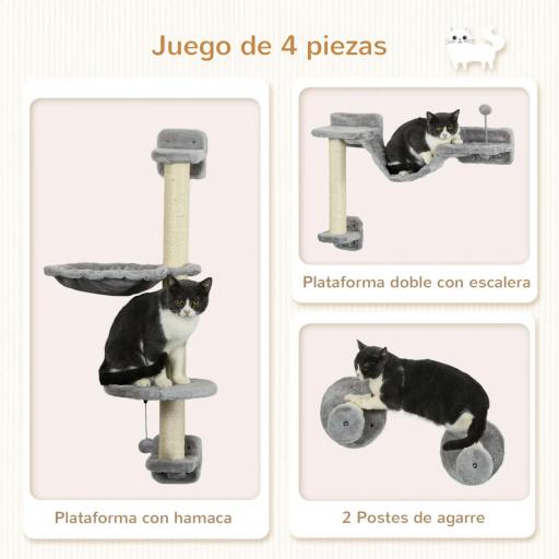 Juego de Escalada para Gatos de Pared 4 Piezas con Hamaca Bola Plataformas 84,5x19x54 cm Gris y Beige [2]