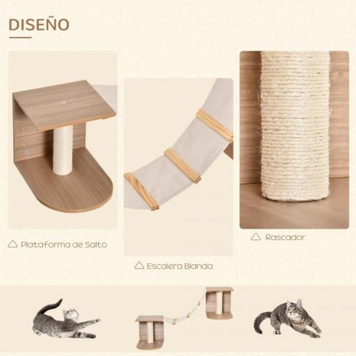 Estantes de Pared Gatos Escaleras de Tela para Gatos con Plataformas y Postes Rascadores de Sisal Centro de Actividades de Escalada 129x40x31,5 cm Marrón Claro [2]