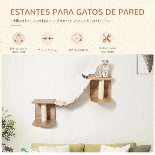 Estantes de Pared Gatos Escaleras de Tela para Gatos con Plataformas y Postes Rascadores de Sisal Centro de Actividades de Escalada 129x40x31,5 cm Marrón Claro [3]