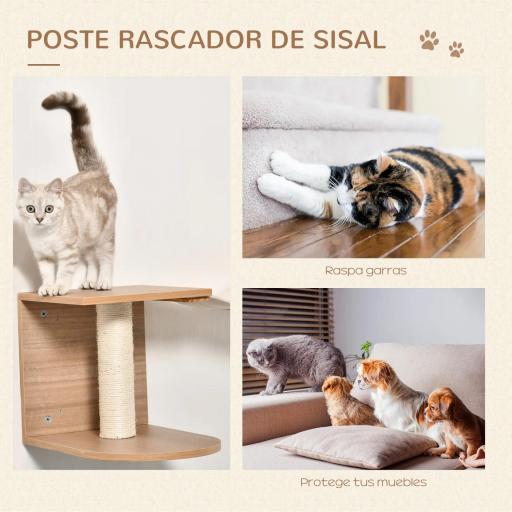 Estantes de Pared Gatos Escaleras de Tela para Gatos con Plataformas y Postes Rascadores de Sisal Centro de Actividades de Escalada 129x40x31,5 cm Marrón Claro [4]
