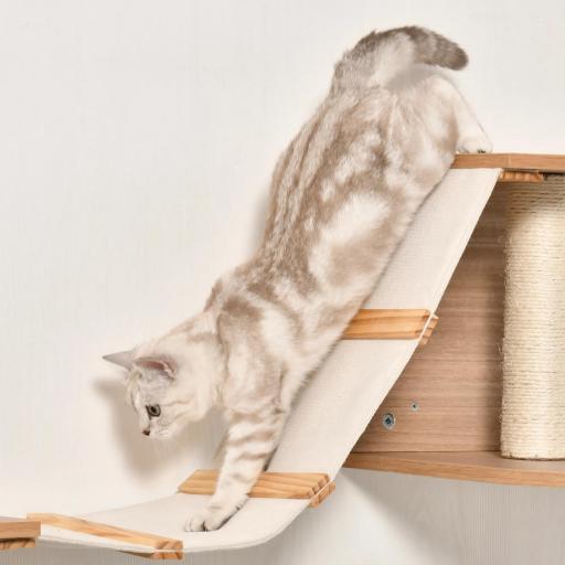 Estantes de Pared Gatos Escaleras de Tela para Gatos con Plataformas y Postes Rascadores de Sisal Centro de Actividades de Escalada 129x40x31,5 cm Marrón Claro [5]