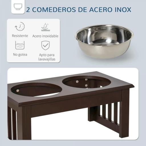 Comedero Elevado para Perros con 2 Cuencos Extraíbles de Acero Inoxidable 44x24x15 cm Marrón [5]