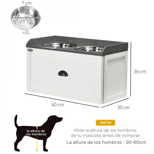 Comedero Elevado para Perros Grandes con 2 Cuencos de 2000 ml de Acero Inoxidable y 1 Cajón 63x30x36 cm Blanco [1]