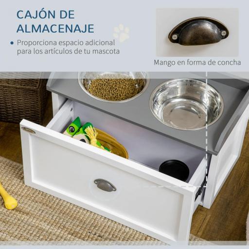 Comedero Elevado para Perros Grandes con 2 Cuencos de 2000 ml de Acero Inoxidable y 1 Cajón 63x30x36 cm Blanco [3]