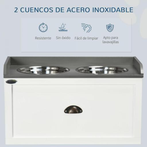 Comedero Elevado para Perros Grandes con 2 Cuencos de 2000 ml de Acero Inoxidable y 1 Cajón 63x30x36 cm Blanco [4]
