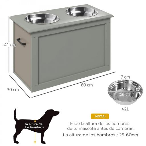 Comedero Elevado para Perros Grandes con 2 Cuencos de 2000ml y Almacenamiento Oculto 60x30x41 cm Gris [1]