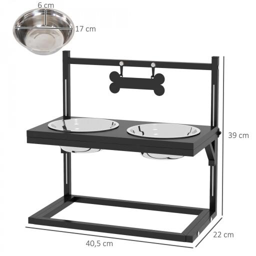 Comedero Elevado para Perros con 2 Tazones de Acero Inoxidable Altura Ajustable y 1 Placa de Metal 40,5x22x39 cm Negro [1]