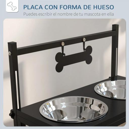 Comedero Elevado para Perros con 2 Tazones de Acero Inoxidable Altura Ajustable y 1 Placa de Metal 40,5x22x39 cm Negro [2]