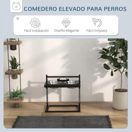 Comedero Elevado para Perros con 2 Tazones de Acero Inoxidable Altura Ajustable y 1 Placa de Metal 40,5x22x39 cm Negro [3]