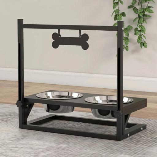 Comedero Elevado para Perros con 2 Tazones de Acero Inoxidable Altura Ajustable y 1 Placa de Metal 40,5x22x39 cm Negro [6]