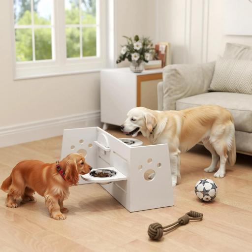 Comedero Elevado Doble para Perros con Altura Ajustable y Sistema de Alimentación Lenta 63x58,5x40 cm Blanco