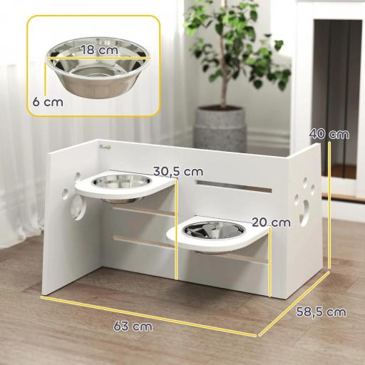 Comedero Elevado Doble para Perros con Altura Ajustable y Sistema de Alimentación Lenta 63x58,5x40 cm Blanco [1]
