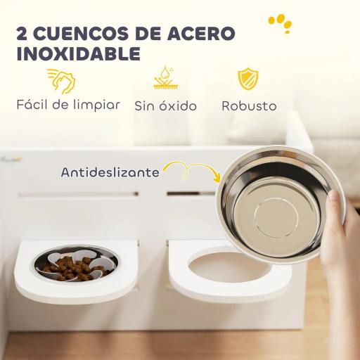 Comedero Elevado Doble para Perros con Altura Ajustable y Sistema de Alimentación Lenta 63x58,5x40 cm Blanco [5]
