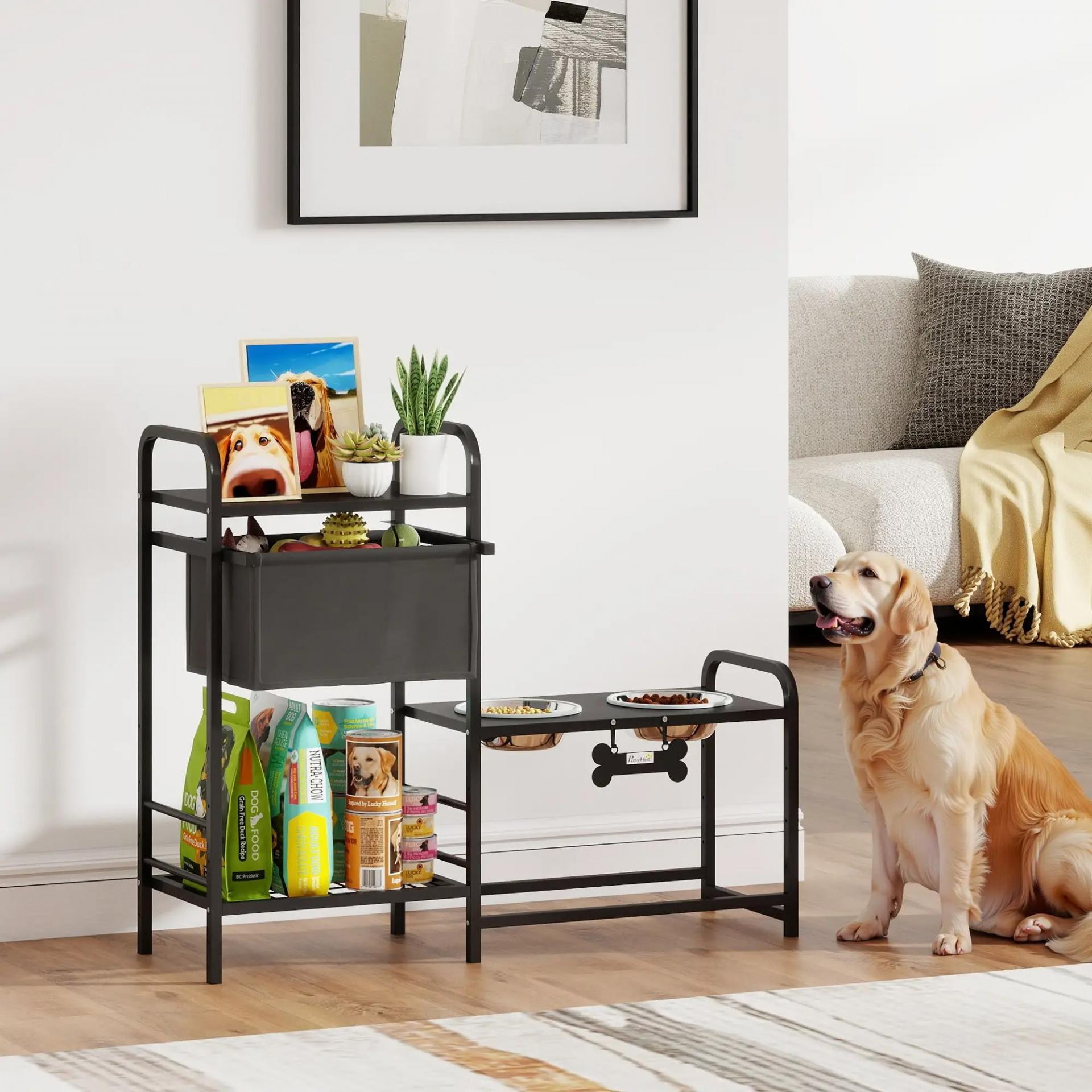 Comedero Perro Elevado con Cajón de Tela 2 Cuencos de Acero Inoxidable 2x800 ml Altura Ajustable 2 Estantes Negro