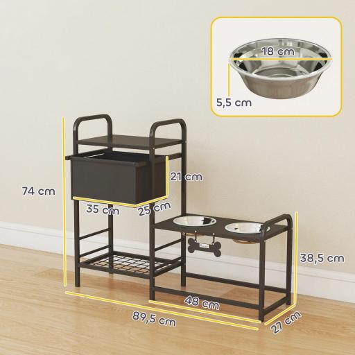 Comedero Perro Elevado con Cajón de Tela 2 Cuencos de Acero Inoxidable 2x800 ml Altura Ajustable 2 Estantes Negro [3]