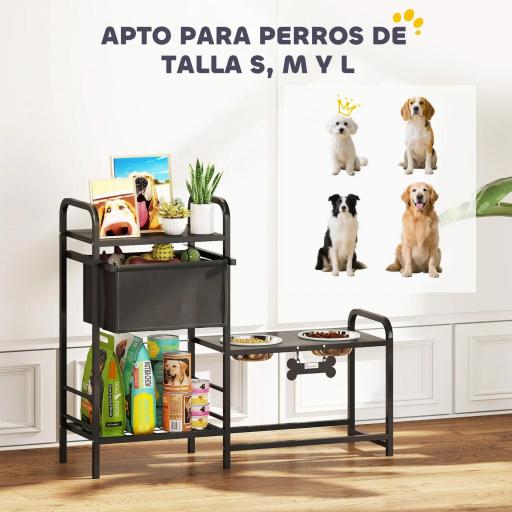 Comedero Perro Elevado con Cajón de Tela 2 Cuencos de Acero Inoxidable 2x800 ml Altura Ajustable 2 Estantes Negro [6]