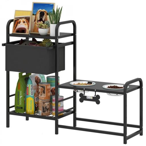 Comedero Perro Elevado con Cajón de Tela 2 Cuencos de Acero Inoxidable 2x800 ml Altura Ajustable 2 Estantes Negro [8]
