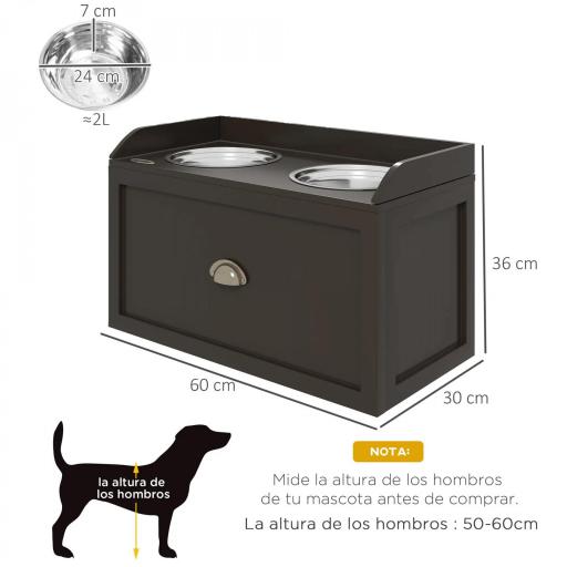 Comedero Elevado para Perros Grandes con 2 Cuencos de 2000 ml de Acero Inoxidable y 1 Cajón 63x30x36 cm Marrón [1]
