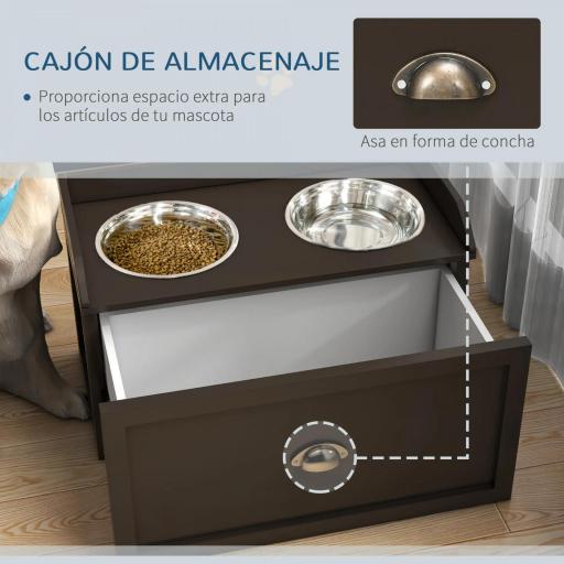 Comedero Elevado para Perros Grandes con 2 Cuencos de 2000 ml de Acero Inoxidable y 1 Cajón 63x30x36 cm Marrón [3]