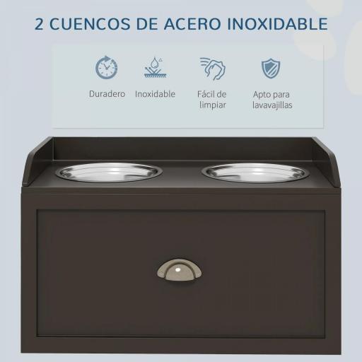 Comedero Elevado para Perros Grandes con 2 Cuencos de 2000 ml de Acero Inoxidable y 1 Cajón 63x30x36 cm Marrón [4]