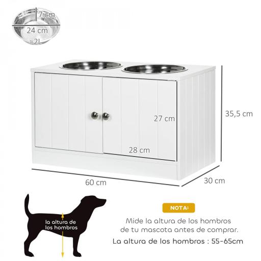 Comedero Elevado para Perros Grandes con 2 Cuencos de 2000ml y Almacenamiento Oculto 60x30x35,5 cm Blanco [1]