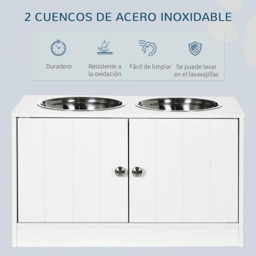 Comedero Elevado para Perros Grandes con 2 Cuencos de 2000ml y Almacenamiento Oculto 60x30x35,5 cm Blanco [2]