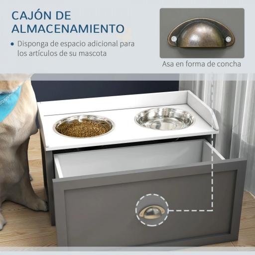 Comedero Elevado para Perros Grandes con 2 Cuencos de 2000 ml de Acero Inoxidable y 1 Cajón 63x30x36 cm Gris y Blanco [3]