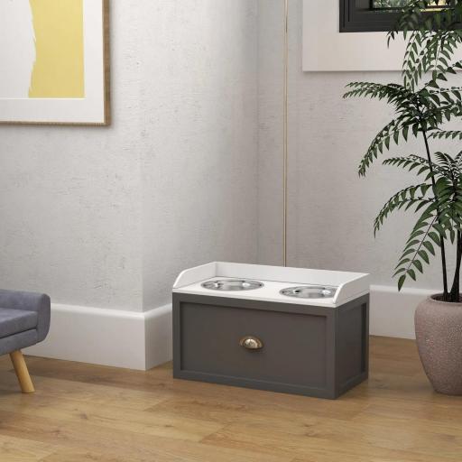 Comedero Elevado para Perros Grandes con 2 Cuencos de 2000 ml de Acero Inoxidable y 1 Cajón 63x30x36 cm Gris y Blanco [6]