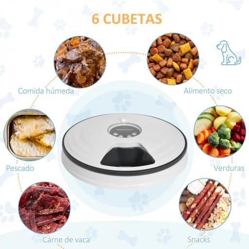 Dispensador de Comida para Mascotas Comedero Automático con Temporizador Pantalla LED 6 Cuencos Ø30,5x7,2 cm Blanco [4]